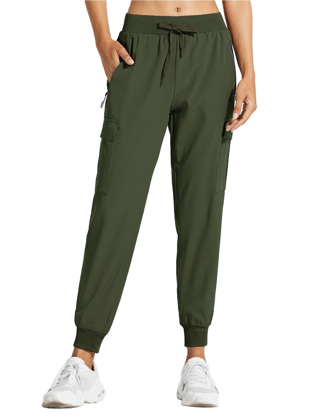 Olive Green Women's Cargo Jogger Pants with Zip Pockets